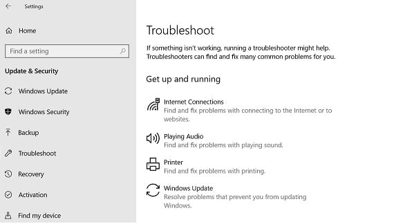 windows update option under troubleshoot category